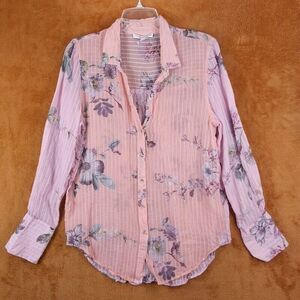 CHELSEA AND WALKER Top Womens Size 6 Pink Button Up Sheer Floral Silk Blend